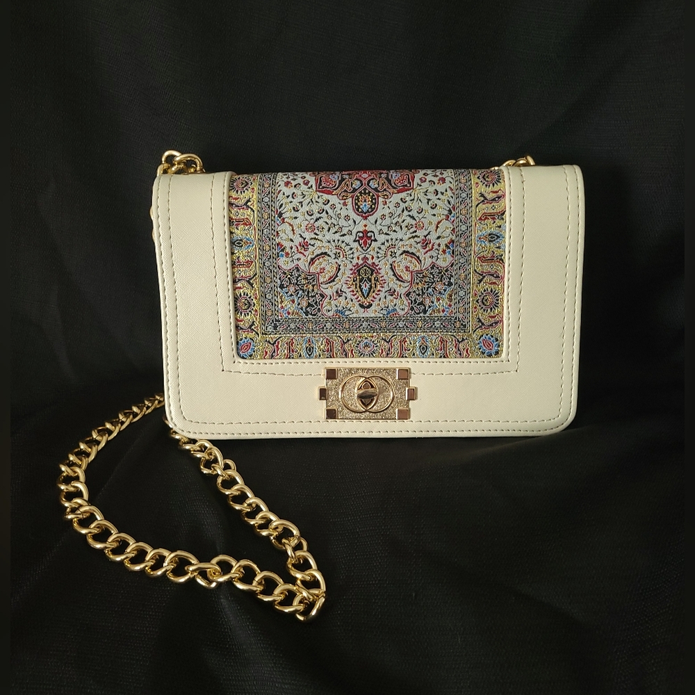 Handmade Turkish Tapestry Shoulder Bag w/ Gold Accents, Imitation Leather